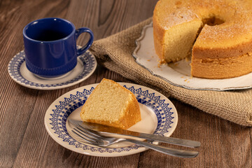 Brazilian Homemade Cake Served with Coffee on Rustic Plates
