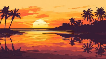 Obraz premium Stunning tropical beach sunset with silhouetted palm trees and reflections, ideal for travel agencies advertising