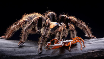 tarantula spider attacking a scorpion with black background