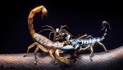 Scorpion attacking spider with black background