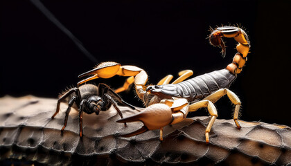 Scorpion attacking spider with black background