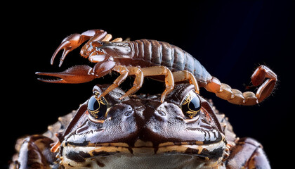 Scorpion attacking frog with black background