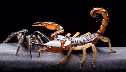 Scorpion attacking spider with black background