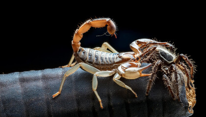 Scorpion and tarantula spider fighting with black background