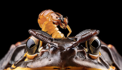 Scorpion attacking frog with black background