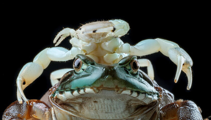 Scorpion attacking frog with black background