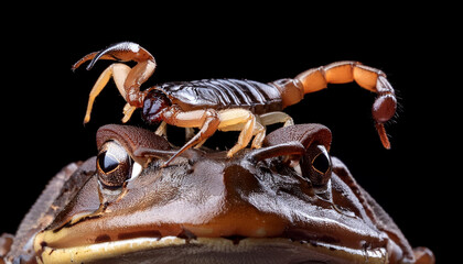 Scorpion over  a frog head with black background