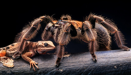 tarantula spider attacking a lizard with black background in macro
