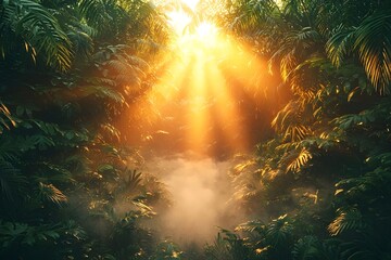 Obraz premium Sunlight filters through lush greenery in a tropical jungle, creating a serene atmosphere with soft golden rays illuminating the misty surroundings.