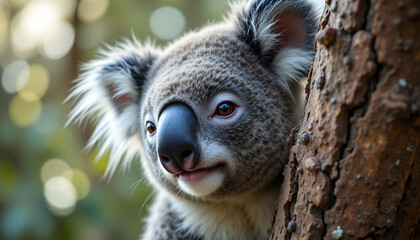 A curious koala perched on a textured tree trunk during a sunny afternoon in the Australian wilderness