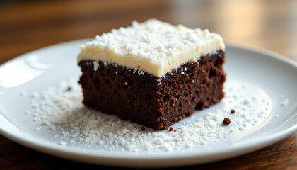 Deliciously moist chocolate cake with creamy frosting served on a white plate, perfect for dessert lovers at a cozy caf&eacute;