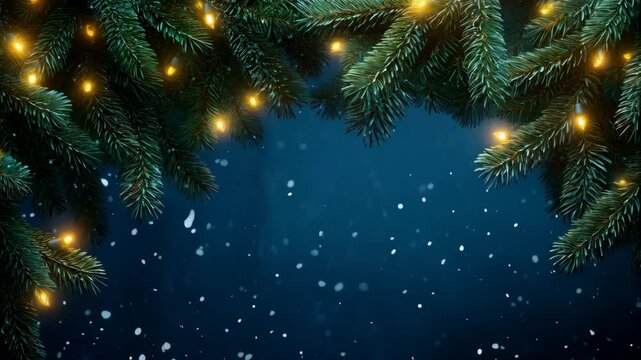 Christmas fir tree branches with golden lights on dark blue background. Christmas and New Year celebration. Winter holiday decoration