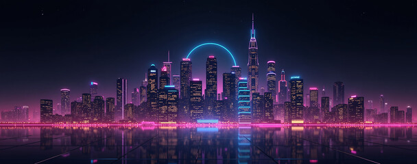 Obraz premium Futuristic panoramic city skyline at night with neon lights and skyscrapers under a dark sky
