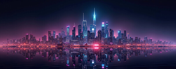 Obraz premium Futuristic panoramic city skyline at night with neon lights and skyscrapers under a dark sky
