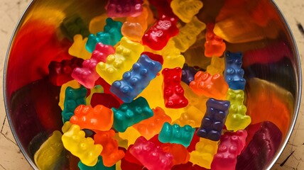 Bowl of colorful gummy bears squished together on a scratched beige surface