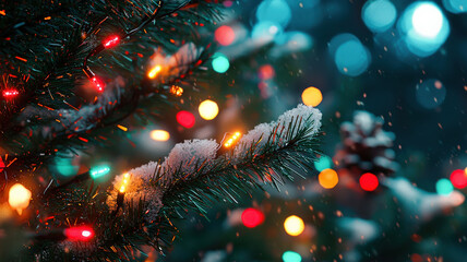 Fototapeta premium Whimsical animated pine trees adorned with colorful holiday lights, snow gently dusting the branches, creating a cheerful and cozy December night atmosphere.