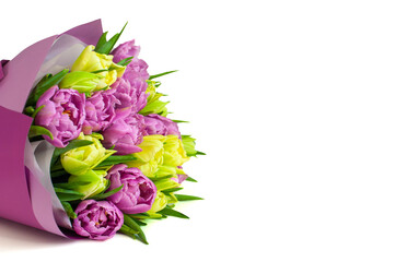 Bouquet of tulips on a white background, perfect for a greeting card. Bright and fresh floral arrangement for celebrations.