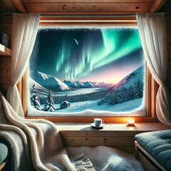 Cosy Cabin View of Northern Lights with Warm Blanket and Drink