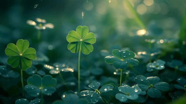 Spring field with clover leaves in sunny day after rain. St Patrick Day shamrock holiday symbol. Beautiful lawn or meadow. Farming and cattle pasture. Closeup