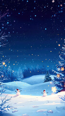 Whimsical animation with smiling snowmen, twinkling stars, festive trees, and a blue winter night sky, evoking a playful December vibe