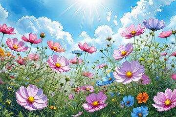 Enchanting meadow of tall flowers reaching towards blue sky. Colorful petals dance in gentle breeze, set against dramatic cloudscape, creating dreamlike image full of life, color. For greeting card.
