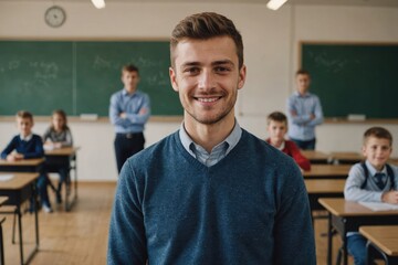 Obraz premium Close portrait of a smiling young Bosnian male elegant primary school teacher standing and looking at the camera, indoors almost empty classroom blurred background
