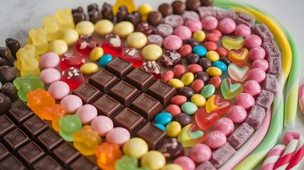 Assorted candies in a heart shape on a white background, blurred background