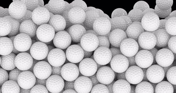 Golf balls falling and fill the screen. 3D animation on transparent background