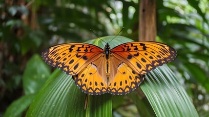 Obraz premium Bright orange and black patterned butterfly on a green leaf with lush forest background