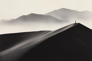 A Single Figure Standing Atop a Sand Dune, Fog in the Background