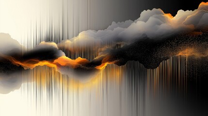 Obraz premium Stylized illustration of ominous white-black-gray-orange clouds in a gradient black-white sky, with fine curtains of gold-gray-black-orange rain descending