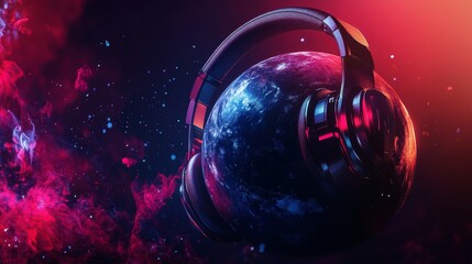 headphones on the earth with neon colored background. world radio day concept