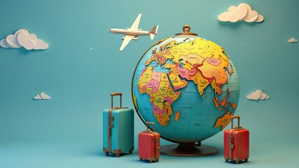 Colorful globe with suitcases and toy plane on blue sky background for travel agencies advertising concept