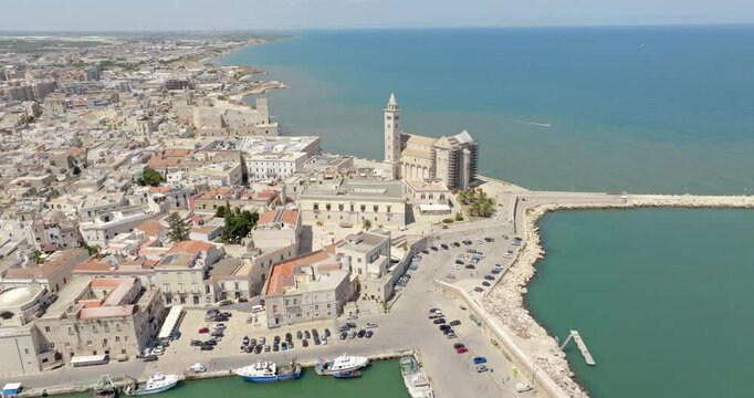 Aerial view of the Duomo of Trani, in Puglia, Italy. The cathedral basilica of Santa Maria Assunta, commonly known as San Nicola Pellegrino, is the main place of Catholic worship in the city.