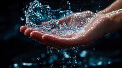 Fototapeta premium Captivating splash of water in hands illuminated by soft light against a dark background showcasing the beauty of nature's element
