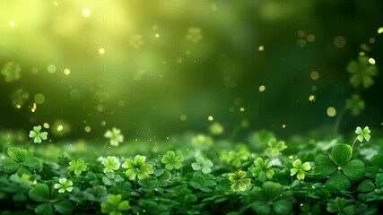 Spring field with clover leaves in sunny day after rain. St Patrick Day shamrock holiday symbol. Beautiful lawn or meadow. Farming and cattle pasture. Closeup