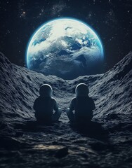 Obraz premium Two Astronauts Watching Earth 