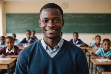 Fototapeta premium Close portrait of a smiling young Central African male elegant primary school teacher standing and looking at the camera, indoors almost empty classroom blurred background