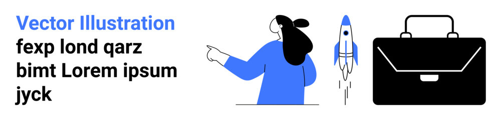 Businesswoman pointing towards rocket takeoff, signifying growth and aspirations. Adjacent briefcase representing business tools. Ideal for startups, entrepreneurship, goal-setting, innovation
