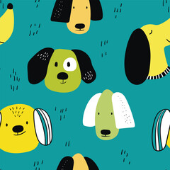 Vector seamless repeating childish pattern with cute dogs in Scandinavian style. Animals background with dog, pets, puppy for invitation, poster, card, flyer, textile, fabric
