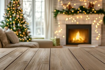 Wooden Tabletop with Blurred Christmas Decor Background
