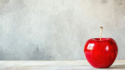   A red apple rests atop a wooden table beside a gray wall and a protruding stick