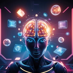 AI-driven mind surrounded by floating geometric shapes and holograms, symbolizing creative thinking and problem solving