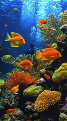 Naklejka premium Vibrant Underwater Coral Reef Scene with Tropical Fish, Scuba Diver, Orange Coral, Yellow Fish, Blue Ocean, Marine Life, Aquatic Adventure, Underwater Exploration