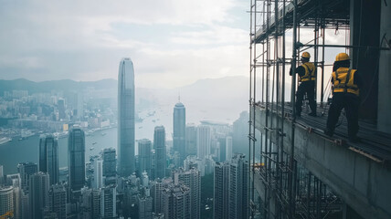 Fototapeta premium Workers on a skyscraper construction site, with a city skyline in the background, showcasing hard work, teamwork, and urban development.