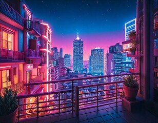 Night city view with neon lights and skyscrapers under starry sky, vaporwave illustration, citypop illustration, 80's