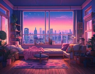 Luxurious living room with city skyline view during vibrant sunset, vaporwave, citypop illustration