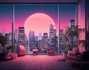 Cityscape view from luxury apartment with sunset and modern interior, vaporwave illustration