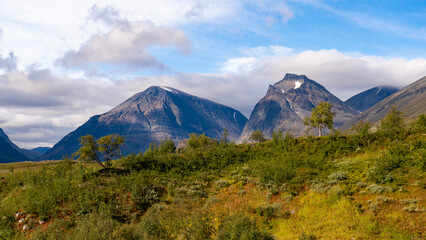 Nordic landscape with green forest in valley with scenic view towards the mountains and peaks on...