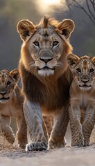 Powerful Lion Pride on the Move, Strong Mature Male Leading Two Young Cubs, African Wildlife